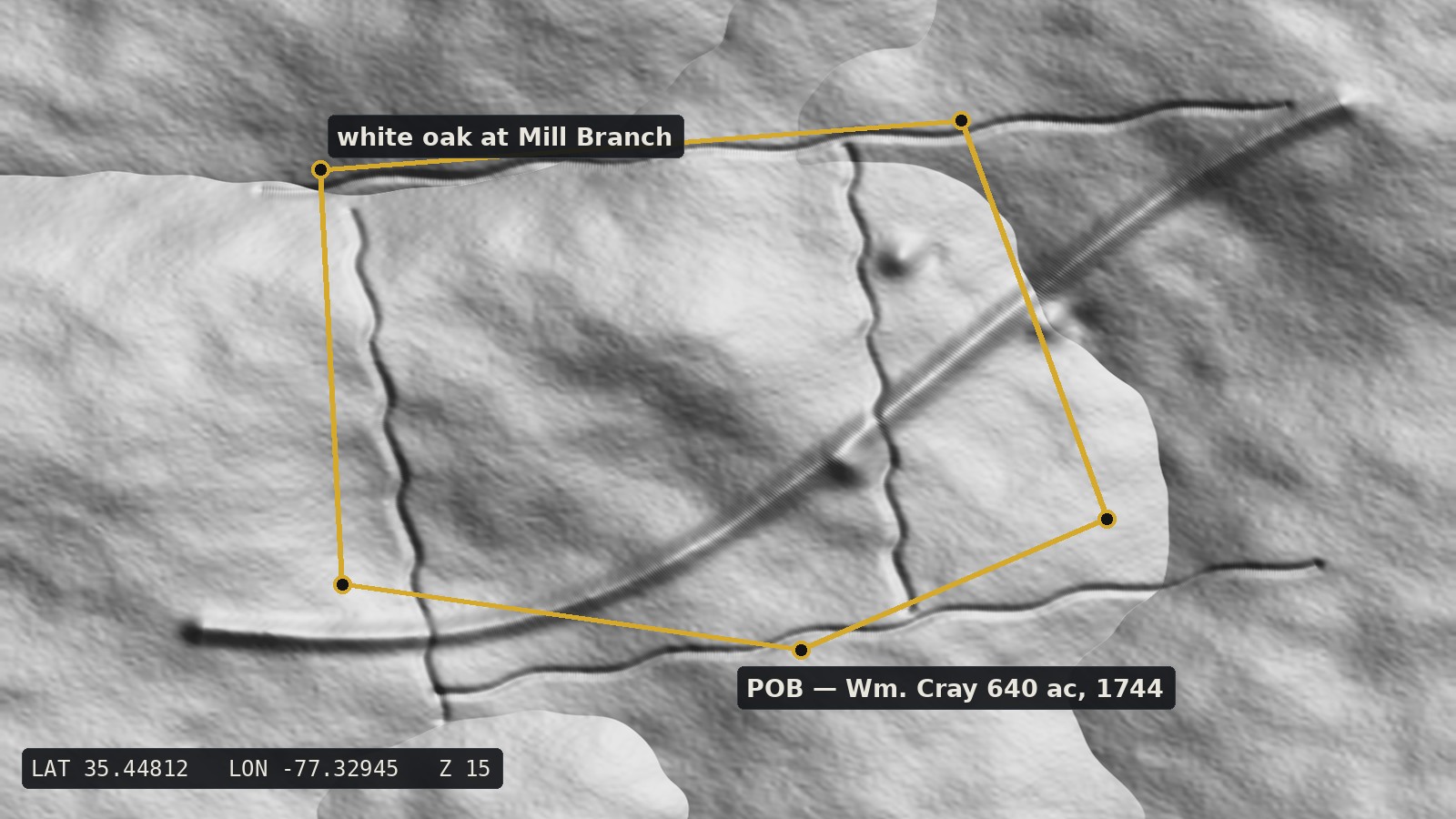 A 1744 land grant plotted in gold over LiDAR hillshade terrain, its lines matching old stone walls
